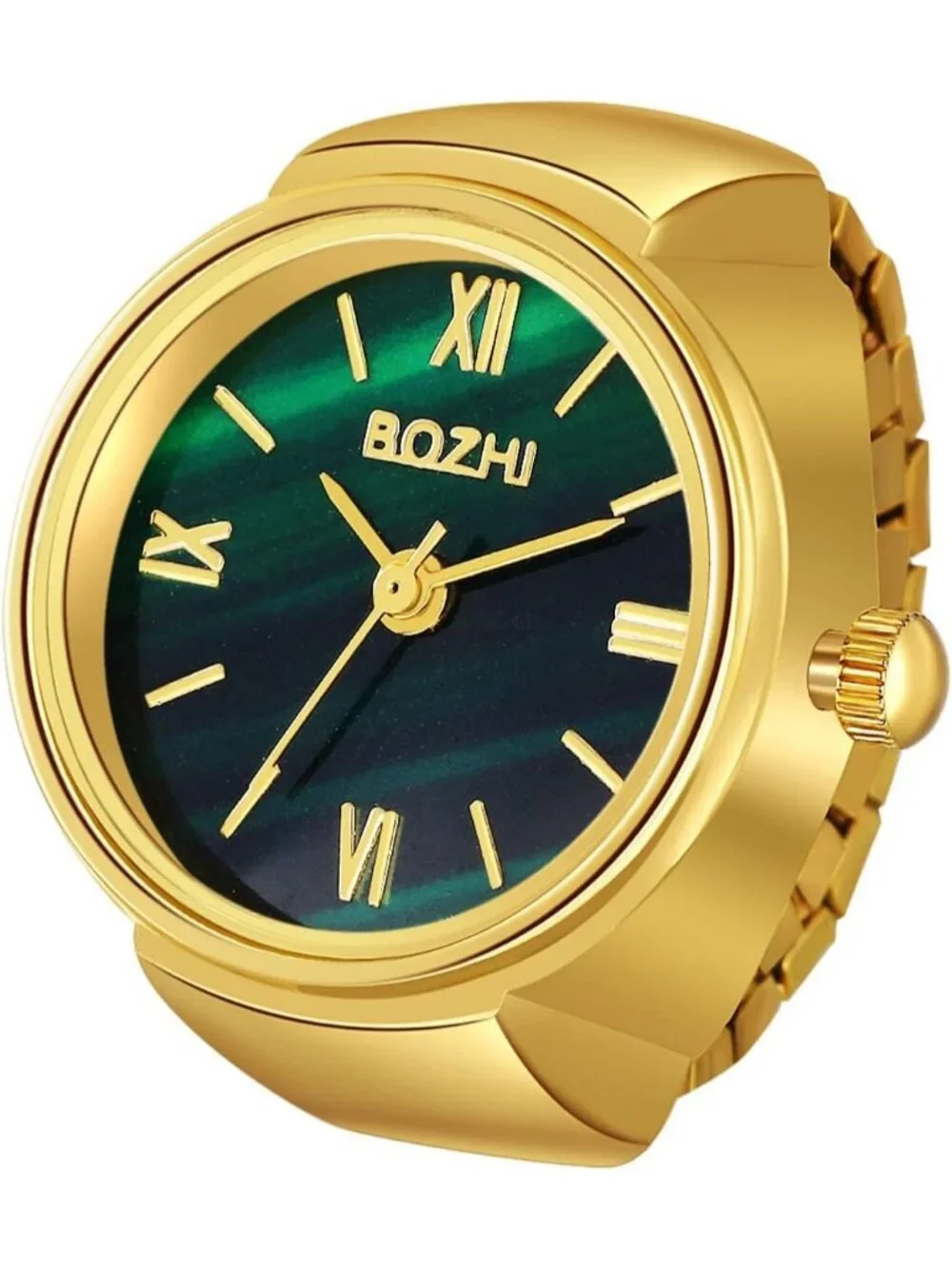 Womens Green And Gold Quartz Stretchy Band Elastic Simple Dial Finger Ring Watch